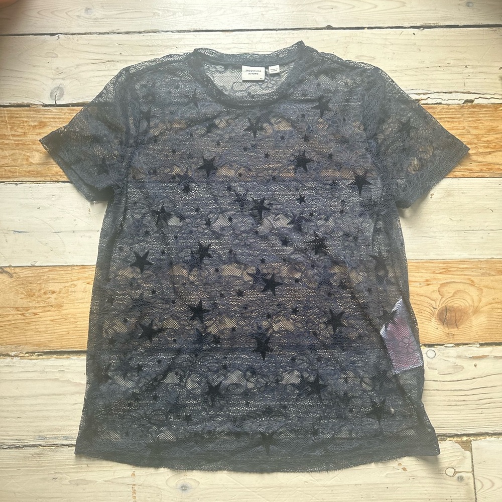 Black Navy Lace Star Short Sleeve Top